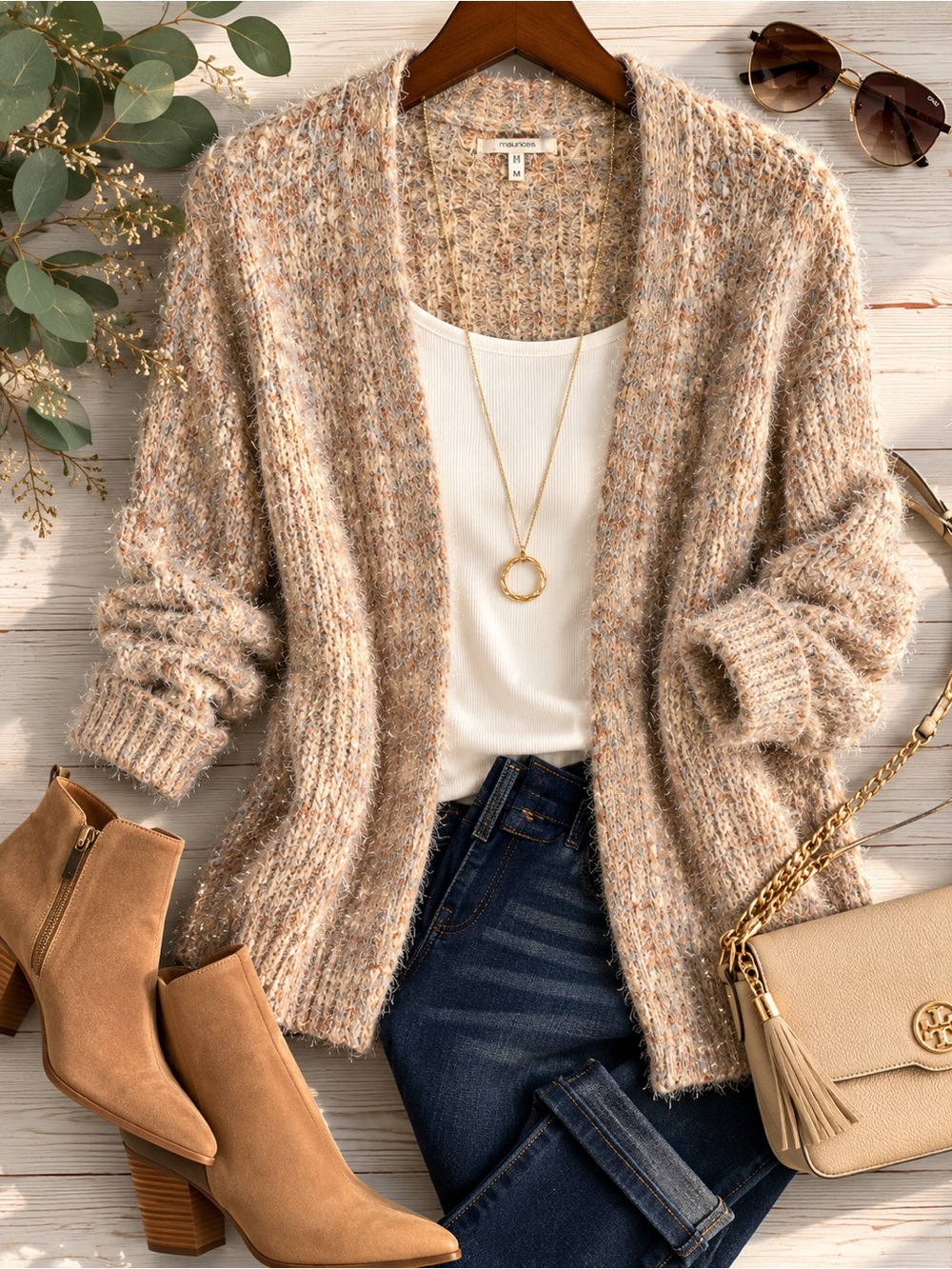 Maurices Metallic Eyelash Knit Open Front Cardigan Beige Multi Size Medium